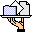 a pixel art illustration of a hand holding a tray with folders and papers on it .