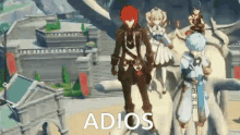 a group of anime characters are standing next to each other and the word adios is written on the bottom .