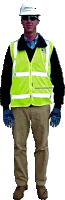 a man wearing a hard hat and sunglasses is wearing a bright yellow vest