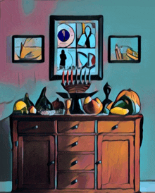 a painting of a dresser with a bowl of fruit and a picture on the wall above it