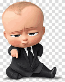 a baby in a suit and tie is sitting down and pointing at something .