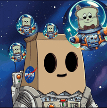 a cartoon of an astronaut with a paper bag on its head