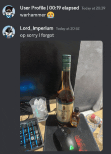 a screenshot of a user profile with a picture of a bottle of liquor