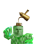 a green statue of a man with a coffee pot pouring coffee into a cup .