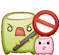 a cartoon drawing of a green marshmallow holding a stick and a red no sign