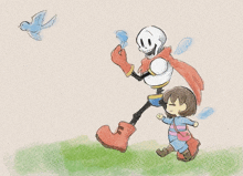 a drawing of papyrus and frisk walking together