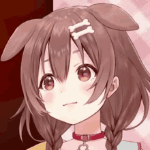 a close up of a brown haired anime girl with a red choker and a dog ear .