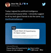 a twitter post by chris tdl about pause giant ai experiments