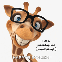 a giraffe wearing glasses with the words happy birthday