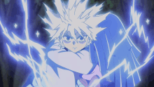 a cartoon character with white hair is surrounded by purple lightning bolts