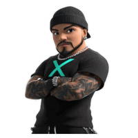 a man with a beard and tattoos is wearing a black shirt with a green x on it