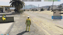 a man in a yellow jumpsuit is walking down a road with among us in the background