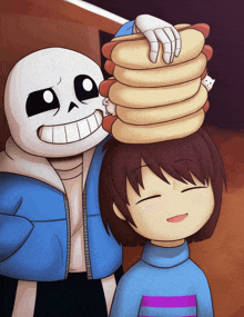 a drawing of sans and frisk with a stack of hot dogs on their head