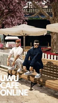 two men are sitting on a bench in front of a restaurant that says ' iiwu cafe online ' on the bottom