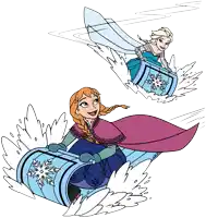 a drawing of anna and elsa sledding down a snowy hill