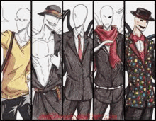 a group of slenderman are standing next to each other in a row wearing suits and hats .