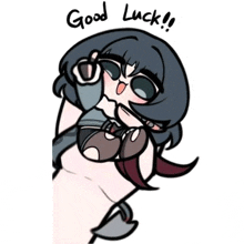 a cartoon drawing of a girl with the words good luck written on the bottom