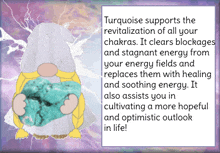 a picture of a gnome holding a turquoise crystal with a quote about turquoise