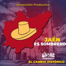 a red map with a yellow hat on it and the words revolucion productiva jaen es sombrero