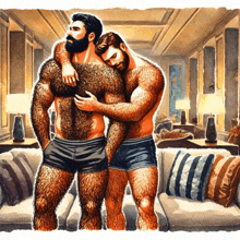 a painting of two men hugging each other in a living room