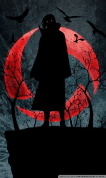 a silhouette of a man standing in front of a red moon