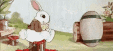 a cartoon rabbit is sitting on a log in a field .