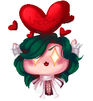 a drawing of a girl with green hair and a red heart with the word love bomb on it