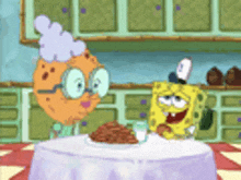 spongebob and a cookie are sitting at a table with a plate of food on it