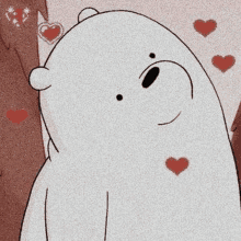 ice bear from we bare bears is surrounded by hearts and looking at the camera .