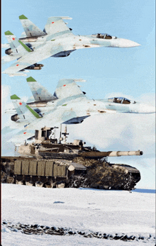 a fighter jet with the number 1 on the tail is flying over a tank in the snow