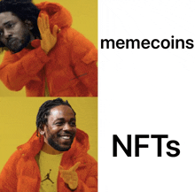 a picture of a man in an orange jacket next to a picture of a man in a yellow shirt with the words memecoins nfts