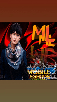 a man with a scarf around his neck is standing in front of a mobile legends logo