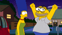 a cartoon of marge simpson and homer simpson with their arms in the air