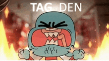 gumball from the amazing world of gumball is angry and crying with his mouth open and his fist in the air .