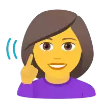 a woman with a yellow face and a purple shirt is pointing her finger up