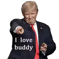 a man in a suit and tie is pointing at the camera and says " i love buddy "