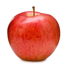 a single red apple with a stem on a white background