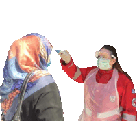 a woman wearing a red apron with a red cross logo on it is taking a woman 's temperature