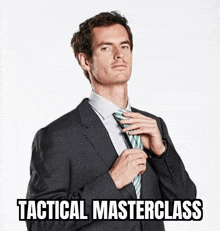 a man in a suit and tie is adjusting his tie with the words tactical masterclass above him