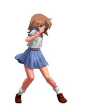 a pixel art of a girl in a blue skirt and white shirt dancing .