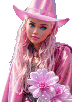 a girl with pink hair wearing a pink cowboy hat holds a pink flower