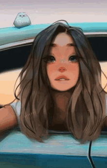 a drawing of a girl looking out of a car window with a small white object on top of her head