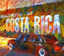 a painting of a red car with the word costa rica on it