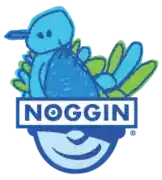 a logo for noggin shows a smiling face and a bird