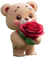 a teddy bear is holding a large red rose