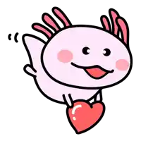 a cartoon axolotl is holding a red heart in its hand .