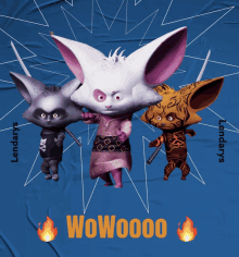 a poster with three cartoon characters and the word wow on the bottom