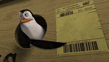 a penguin is sticking its head out of a hole next to a postage label that says 6567