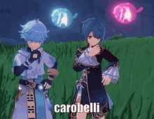 two anime characters are standing next to each other and the word carobelli is on the bottom