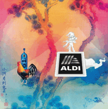 a colorful painting with a rooster and a aldi logo